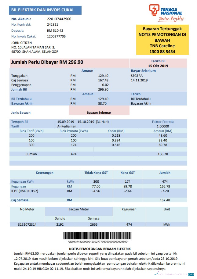 download Malaysia Tenaga Nasional electricity utility bill template in Word and PDF format PDF template